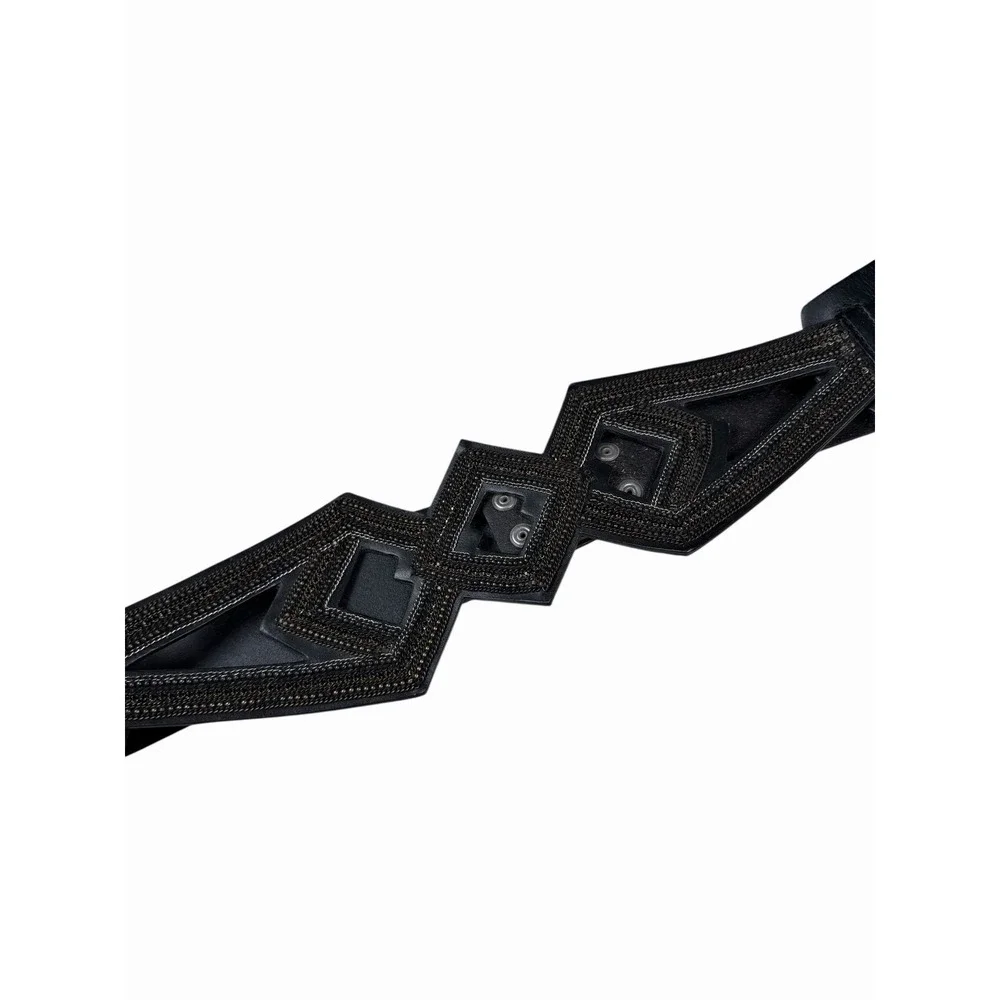 DIESEL Black Wide Leather‎ Belt Geometric Cut Out 100% Cow Leather Sz 90 cm